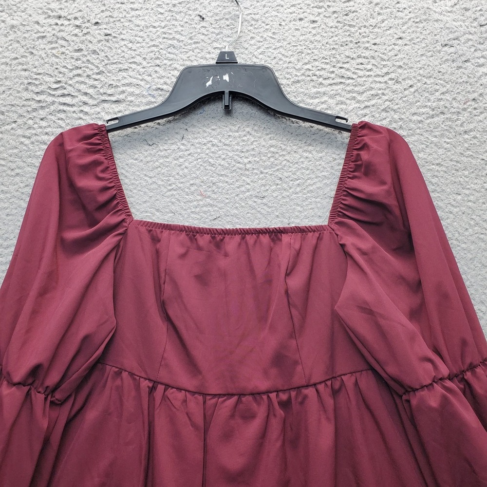 Exlura Dress Womens Medium Burgundy Balloon Sleeve Square Neck Smocked Back Zip - Picture 10 of 11